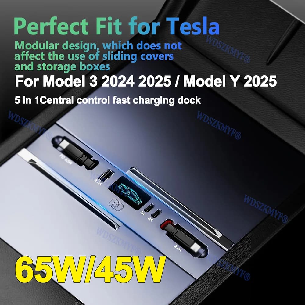 Docking station 5in1 65W USB Shunt Hub Estensione Console centrale Sensore intelligente Caricatore rapido per Tesla Model 3 2024-25 Modello Y 25
