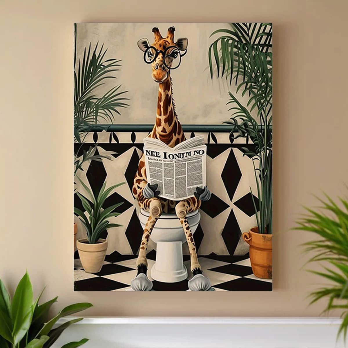 2D Flat, 2D Flat, 1pc Canvas Painting, Giraffe Bathroom Fun Inspirational Creative Wall Decor, Home Bedroom Living Room Room