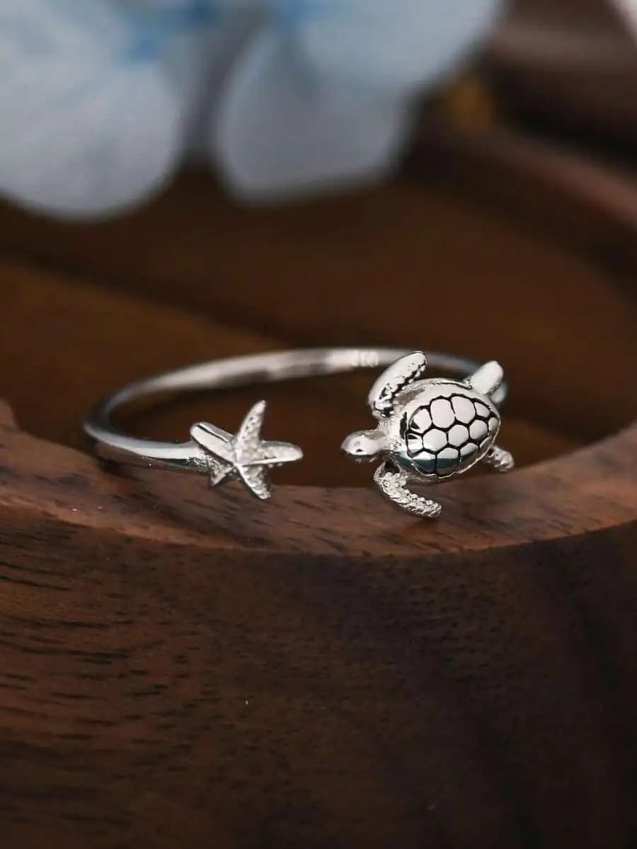 1 Antique Silver Starfish Turtle Open Adjustable Ring For Daily Wear As A Gift For A Friend