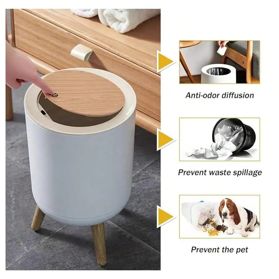 7L Round Press-Open Trash Can With Wooden Lid Dog Proof Waste Basket For Bathroom Bedroom Kitchen Office White