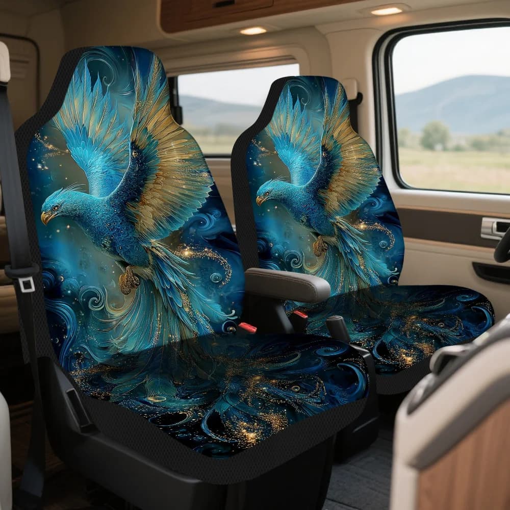 2 car seat covers with mysterious print Blue Phoenix Flight – Front seat protectors for cars, SUVs and berline, durable design, easy to mount