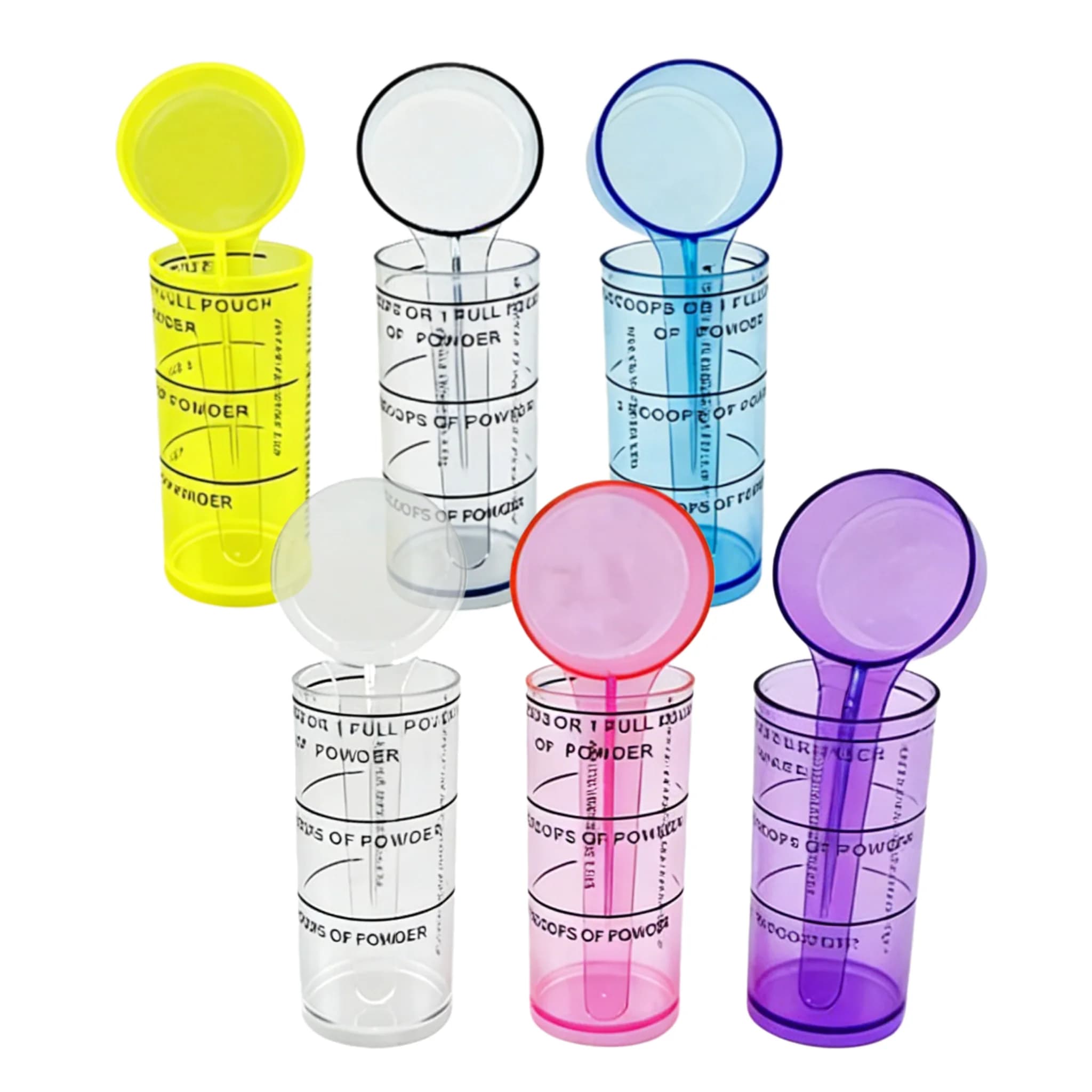 Set of 3 cups and spoons for dental alginate mixing, plastic measuring instruments for fingerprint powder, mixing and sampling tools for dental laboratory