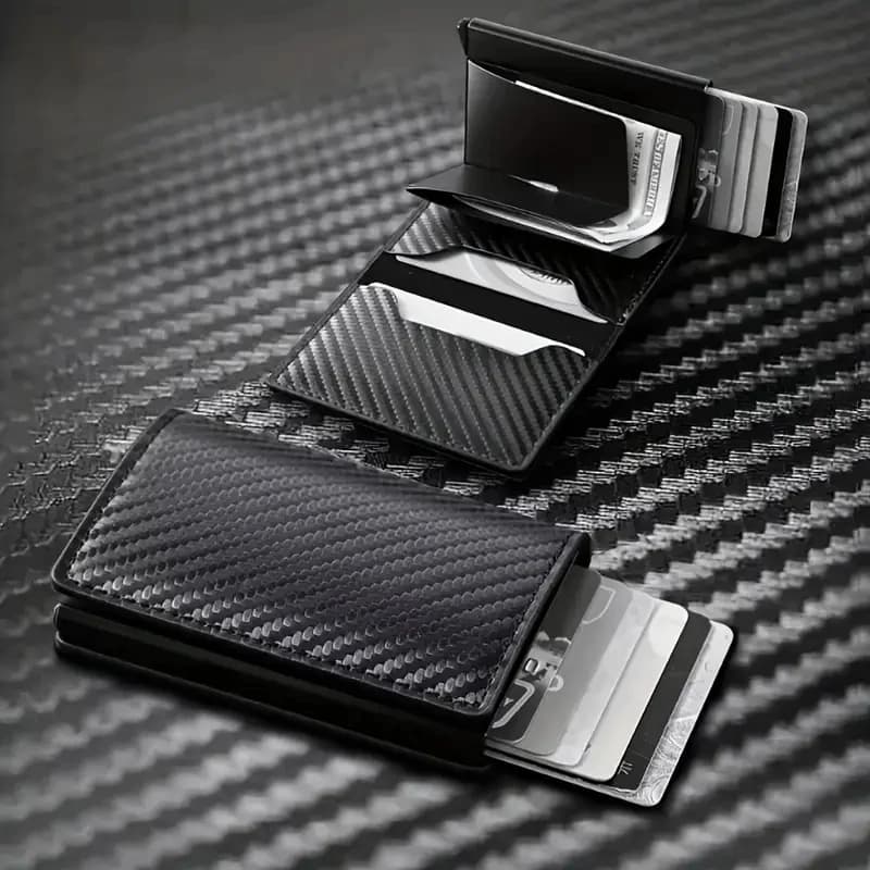 Men's business wallet with RFID shielding, carbon fiber leather, pop-out credit card/ID card holder, card slots and bill clip, automatic pop-out credit card sleeve.