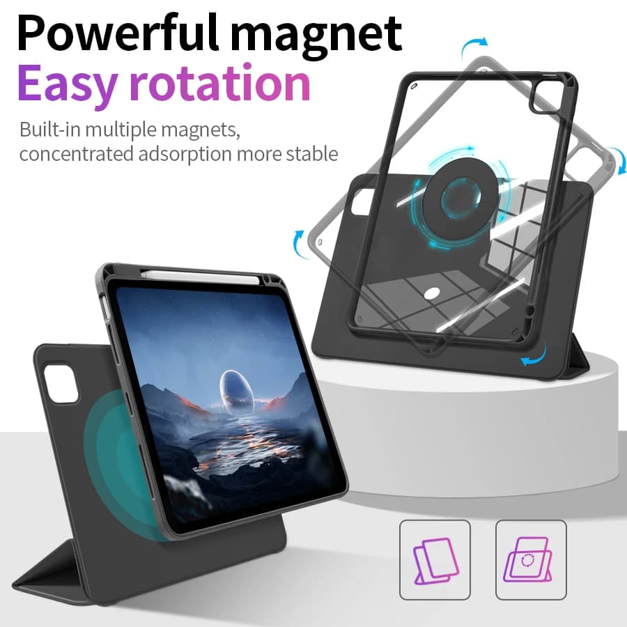 Custodia Magnetica per iPad Air 13" (2025/2024) M3/M2 e Pro 12.9" Slot per matita, 360 ° Anello Girevole, Multi-Angolo, Funzione Auto Wake/Sleep