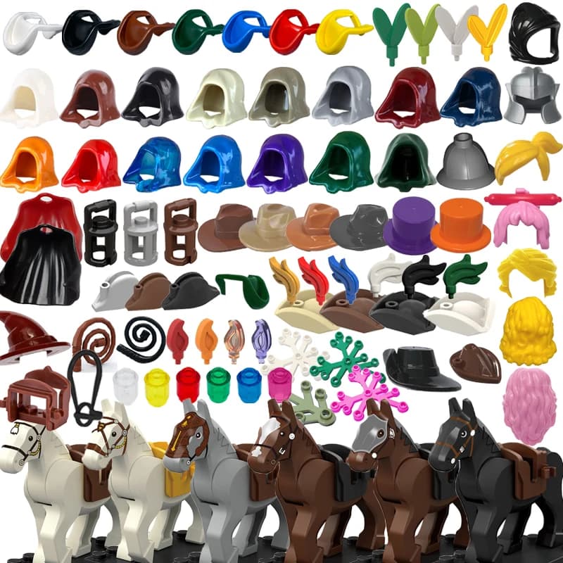 MOC Building Blocks Set Mattoni Cowboy Pirata Triangolo Cappello Copricapo di piume Mantello con cappuccio Cavaliere Warhorses Bambini Particelle Giocattoli fai da te