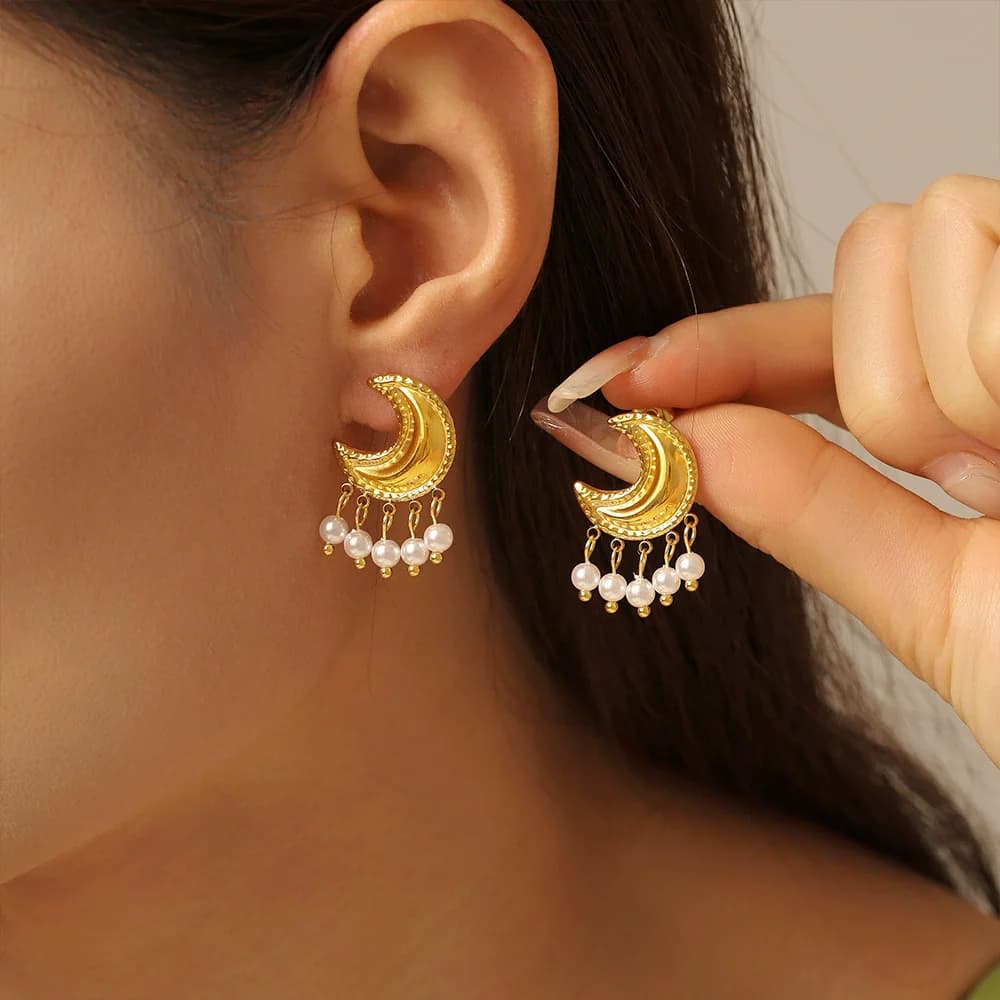 Orecchini Vintage Kashmir con Luna Geometrica in Metallo e Nappine di Perle per Donne, Gioielli Personalizzati per Feste in Europa e America