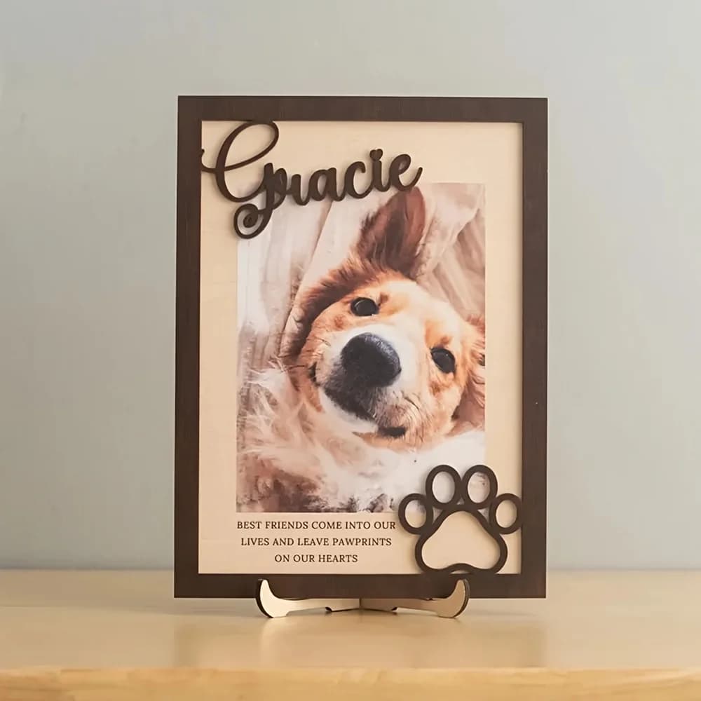 Custom Wood Photo Frame for Domestic Animals with Name and Date - Vertical Table Display, Commemorative Gift for Dogs
