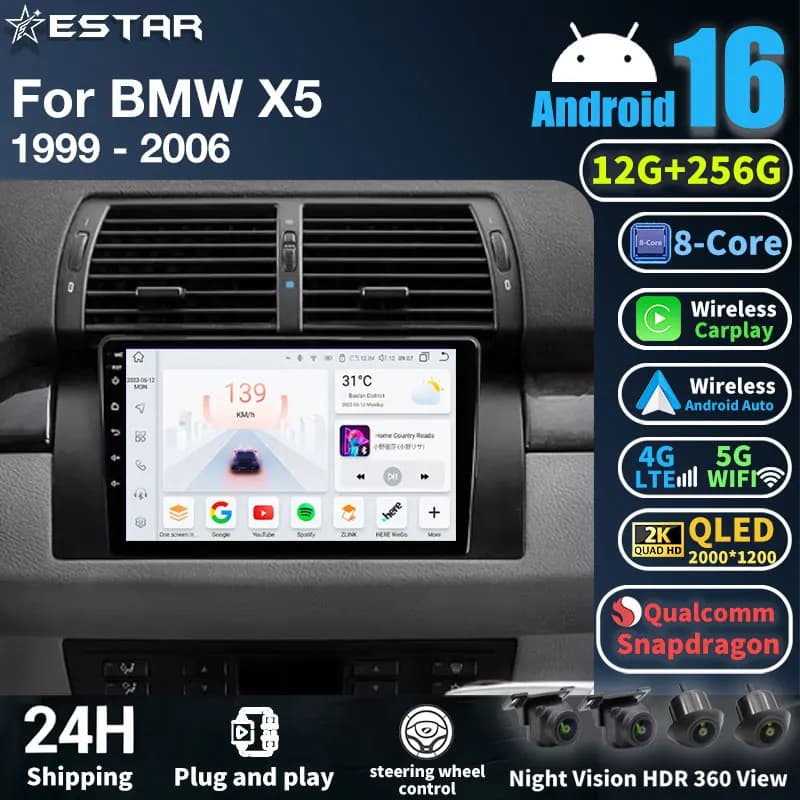 Autoradio Estar Android 16 per BMW Serie 5 E39 X5 E53, lettore multimediale per auto, Carplay wireless, Android Auto, stereo per auto, DSP, 2 Din