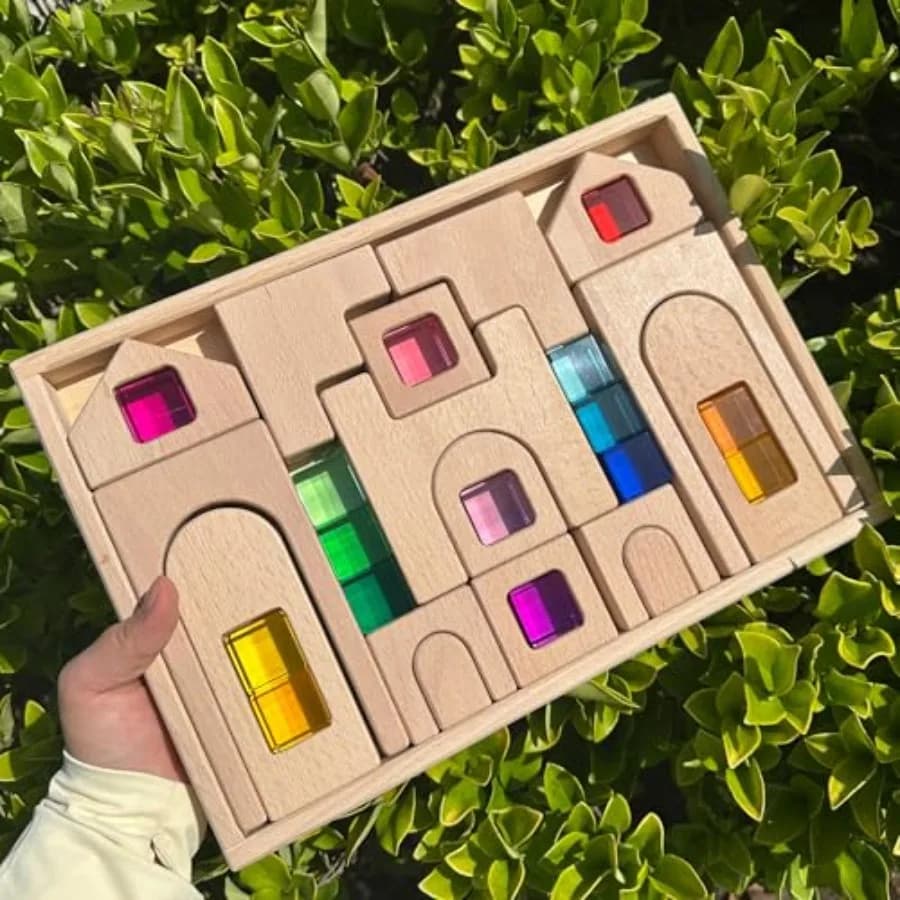 Set di 31 Blocchi di Costruzione in Legno a Forma di Castello con Inserti Acrilici Colorati, Gioco Educativo per Bambini
