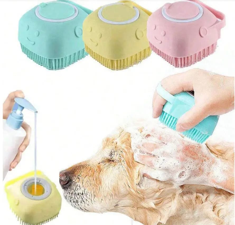 1 spazzola estiva per il bagno degli animali domestici, strumento per la toelettatura in gomma siliconica con contenitore per shampoo per cani e gatti