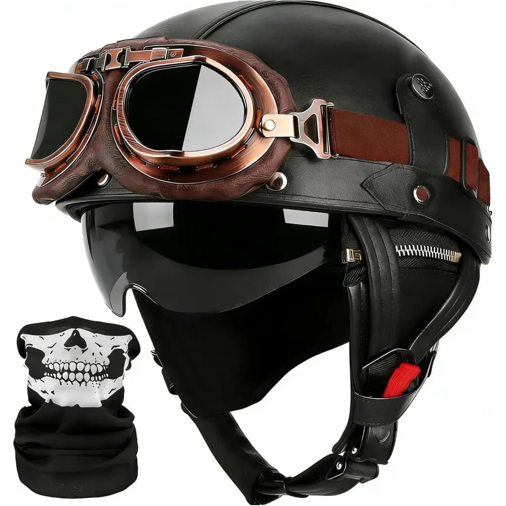 Casco Moto Vintage Mezzo Integrale Omologato DOT con Occhiali per Adulti Uomini Donne Ciclomotore Bici Cruiser Scooter