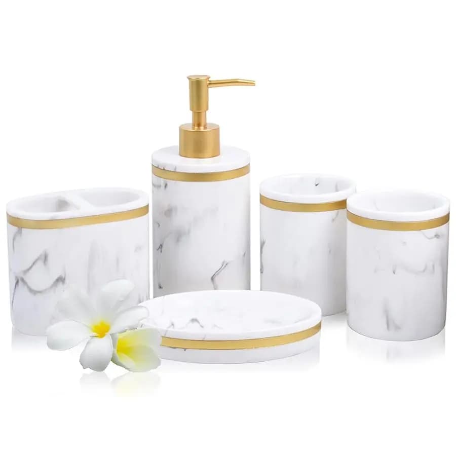 Set di Accessori per Piano del Bagno: Dispenser per Sapone Liquido o Lozione, Portasapone, 2 Bicchieri e Portaspazzolino, Effetto Marmo