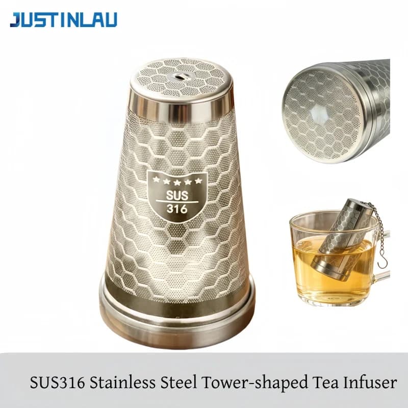 JUSTINLAU 316 Stainless Steel Tower Shaped Tea Infuser Honeycomb Strainer with Hook Chain Tea Filter for Brewing & Cooking Spice