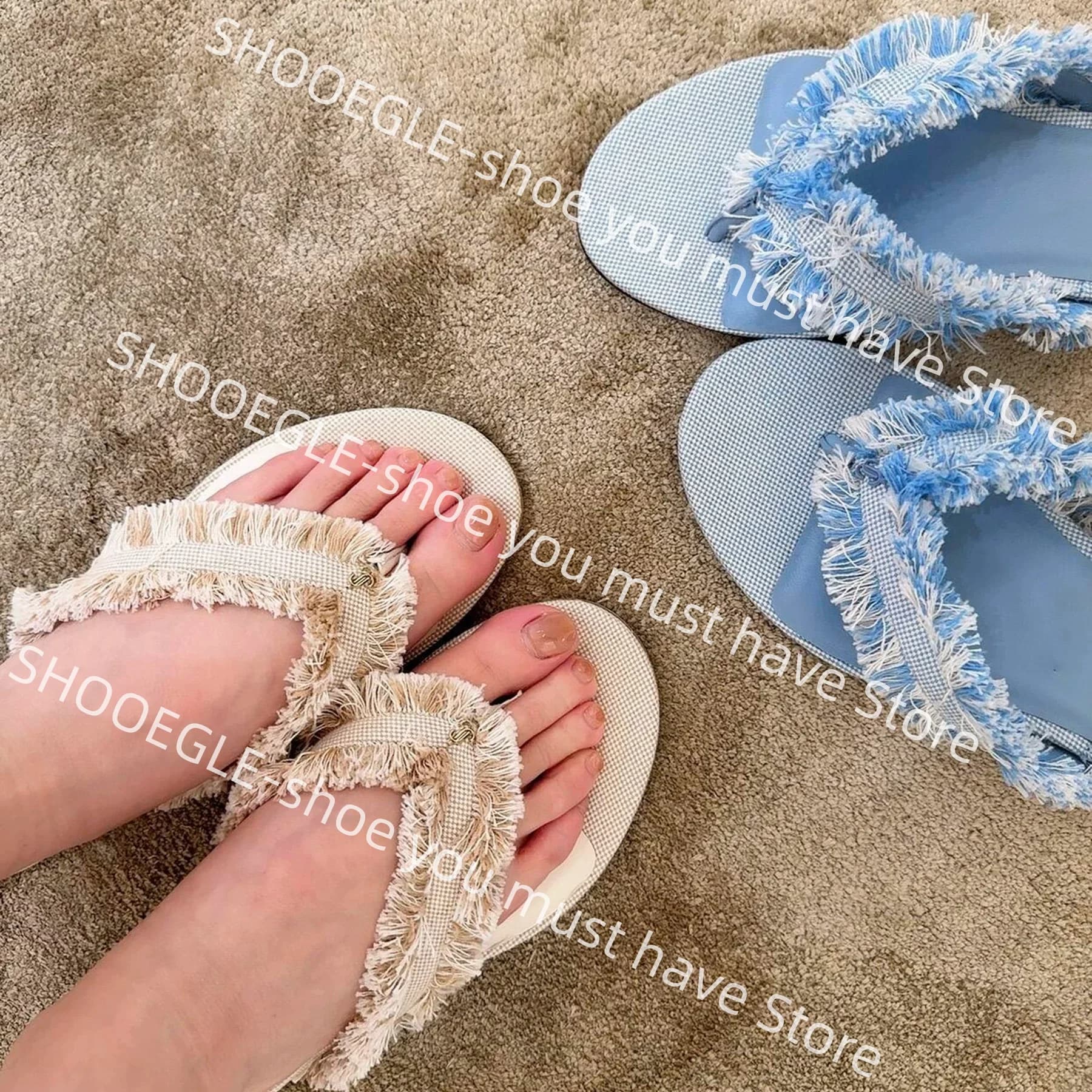 Women's Beige Fringed Thong Flat Slide Sandals Casual Woven Upper Classic Design Beach Elegance Retro Ladies Daily Slippers