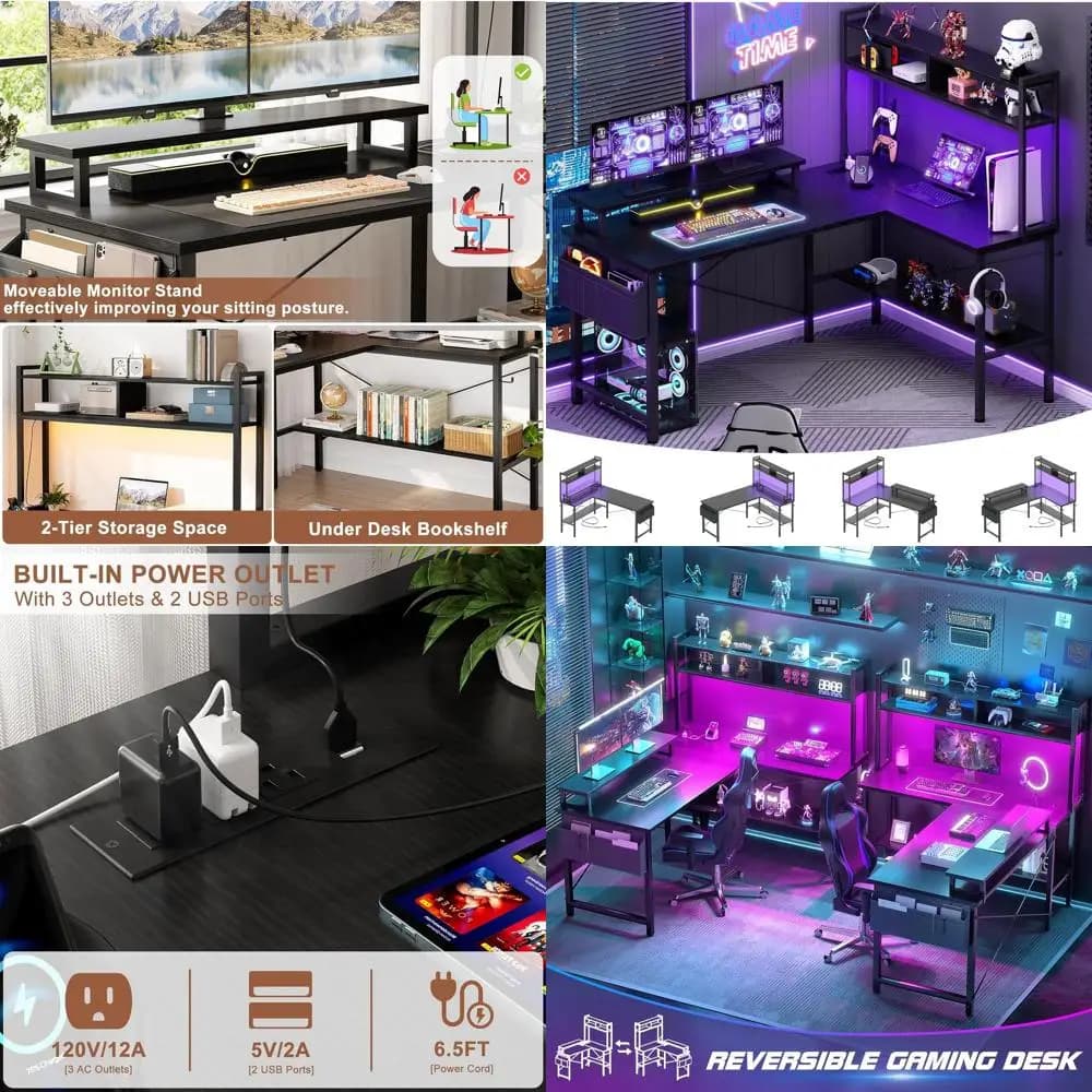 Scrivania da Gaming Compatta a L con Prese di Corrente Integrate, Luci LED e Spazio per Supporto Monitor