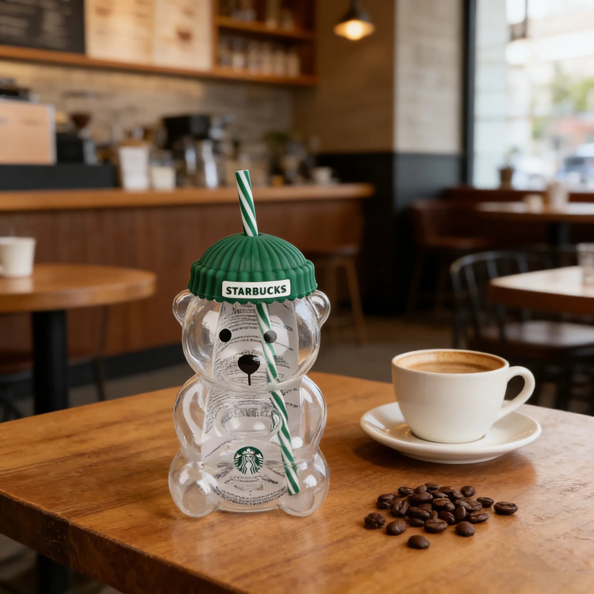 Bicchiere in Vetro Bearista Bear Starbucks 591ml con Coperchio Verde e Cannuccia per Bevande Fredde, Regalo per Casa e Caffetteria
