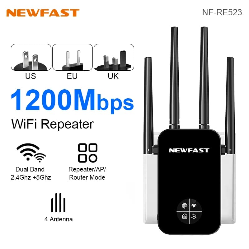 Nuovo Ripetitore Wi-Fi 5G 1200Mbps, Amplificatore di Segnale a Lungo Raggio, Router Wi-Fi Extender, Amplificatore Ripetitore Potente, Spina UK