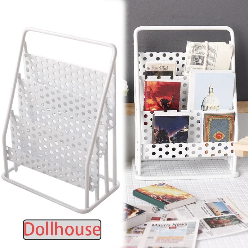 1:12 Casa delle bambole Scaffale di stoccaggio in ferro Scaffale per giornali Doll Miniatur Scaffale per scaffali Mobili Decorazioni per la casa Micro scena Ornamento