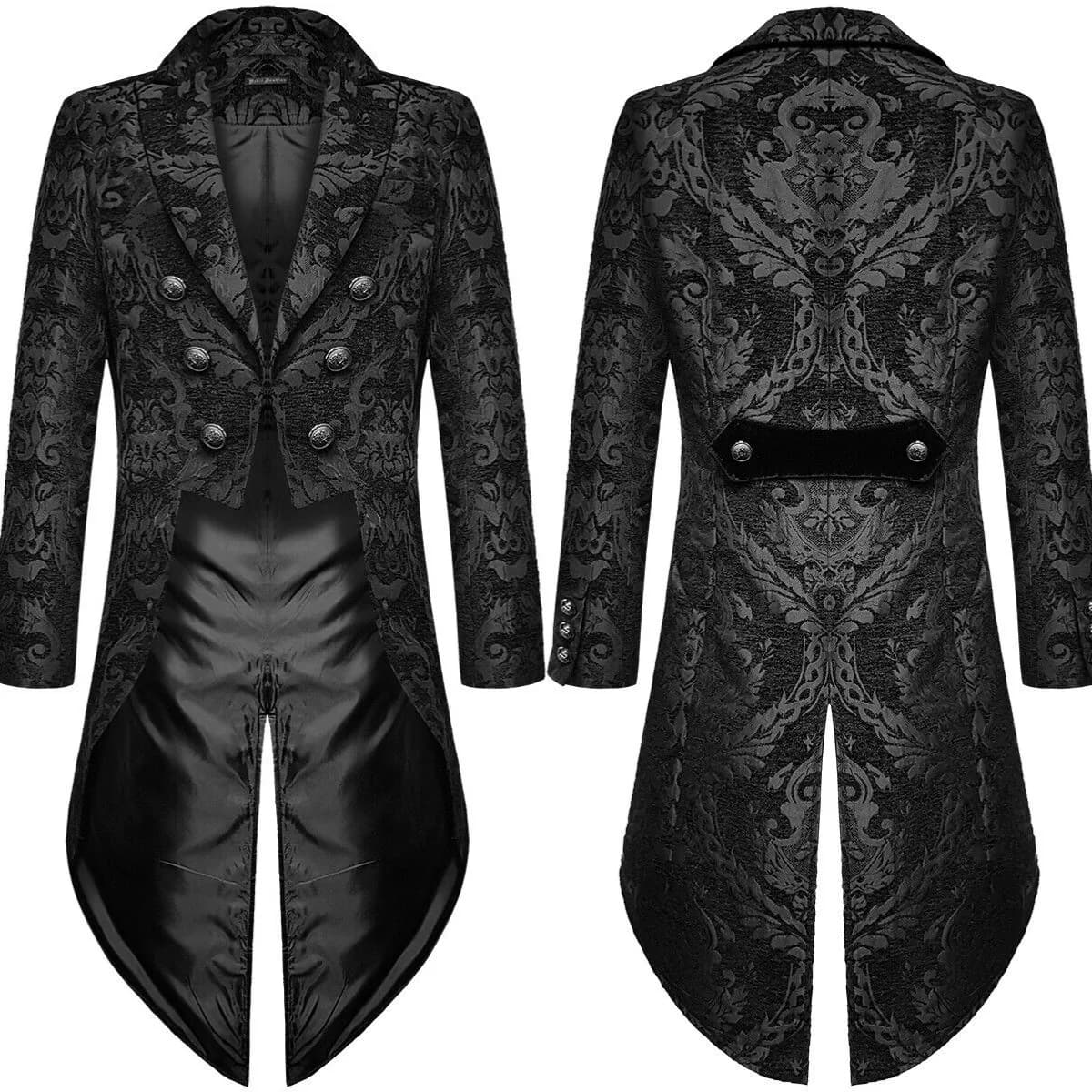 New 2026 In Stock Fashion Men's Gothic Steampunk Tailcoat Jacket Black Brocade Jacquard Wedding Coat Halloween Outfit