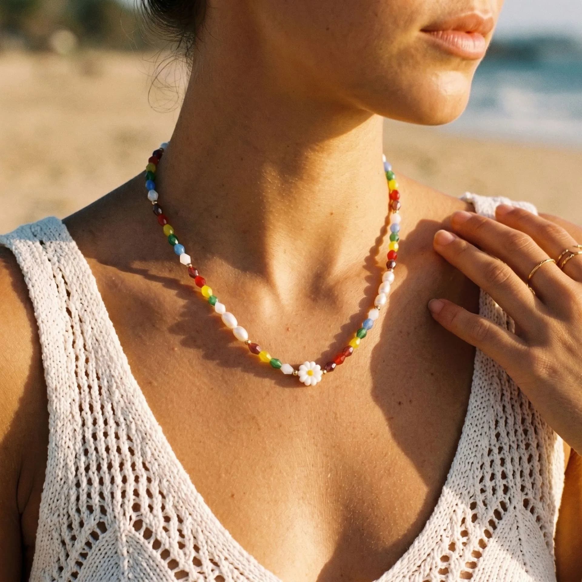 New women's pearl necklace for summer collarbone chain with colorful seed beads and flowers niche fashion ins style luxury bracelet