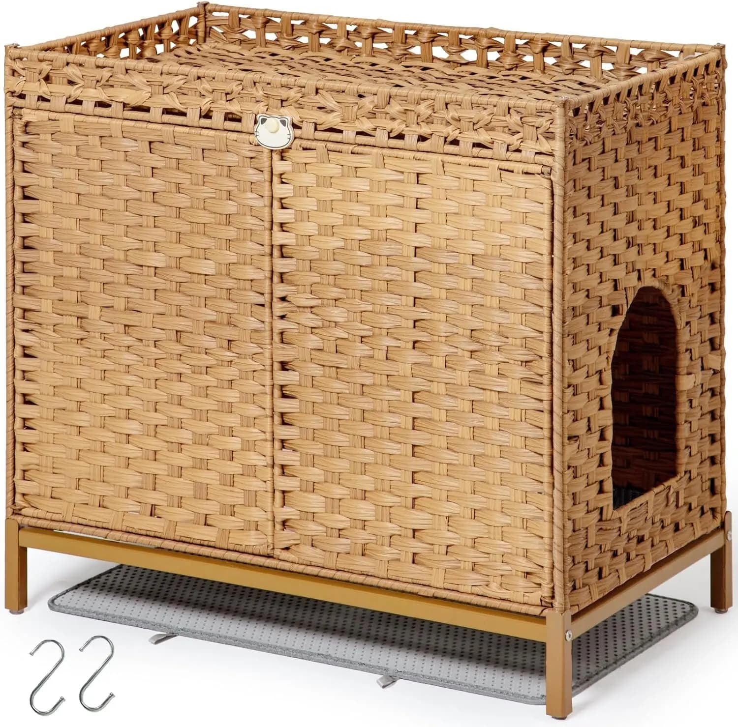 Mobiletto per lettiera per gatti, lettiera nascosta in rattan intrecciato a mano con tappetino, grande casetta per gatti con piedini rialzati in metallo