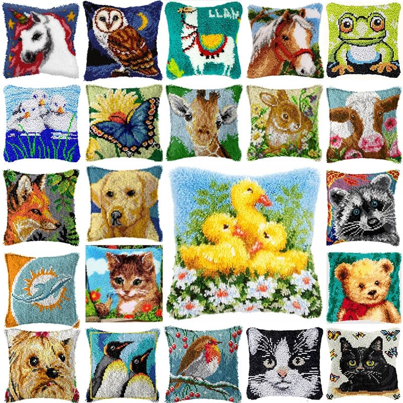 Simpatico animale Gancio di chiusura Kit tappeto cuscino con tela preimpressa Cartoon Anatra Cane Gatto Kit ricamo punto croce Kit gancio di chiusura