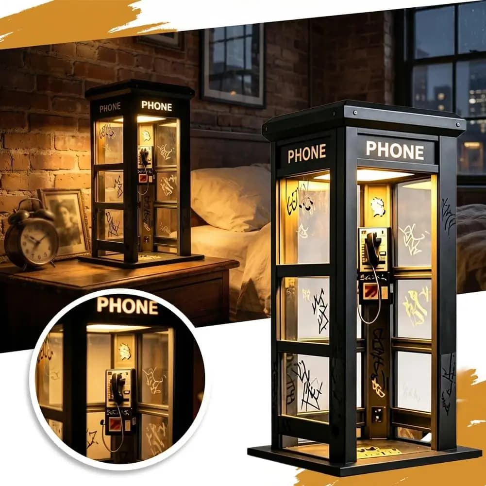 Retro Graffiti Phone Booth Table Lamp Mini London Telephone Box LED Nightlight Bedroom Desktop Decorative Lighting Gift