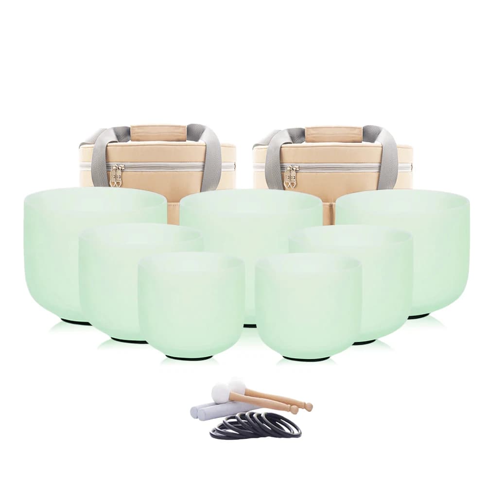 Hye-eun Mint Green 432hz/440hz 7pcs Quartz Crystal Singing Chakra Bowls Set of CDEFGAB for Yoga Healing Medication