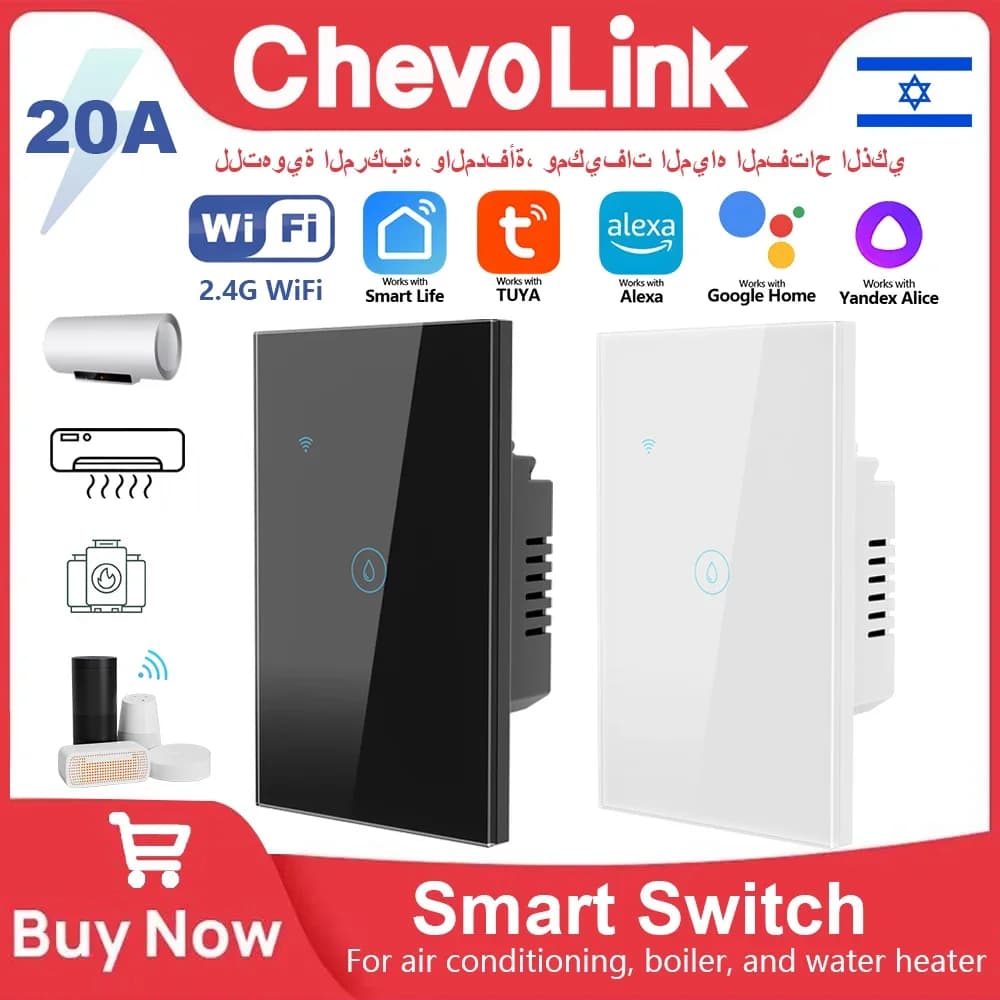 20A 4000W Tuya WiFi Smart Water Heater Switch US Standard Touch Wall Switch with APP Remote Control Timer and Voice Control