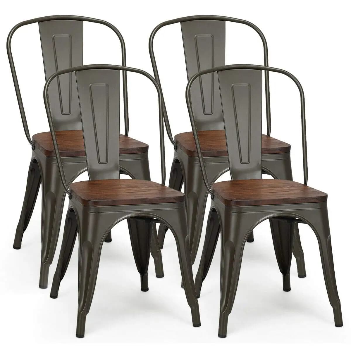 Set di 4 sedie da pranzo da 18 pollici, sedie industriali impilabili vintage in metallo, sedie da bancone con schienale alto, sedile in legno, per