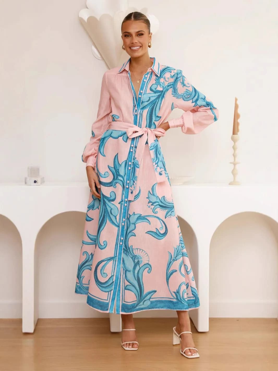 Ele Loose Long Sve Print Dr Faionable Belt Midi Dr Woman Summer Casual Closure with A-Line Dr travel buttons