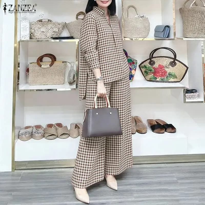 ZANZEA Women's suit with square pants, long sleeve shirt with collar and wide leg trousers, 2-piece set, casual streetwear dresses