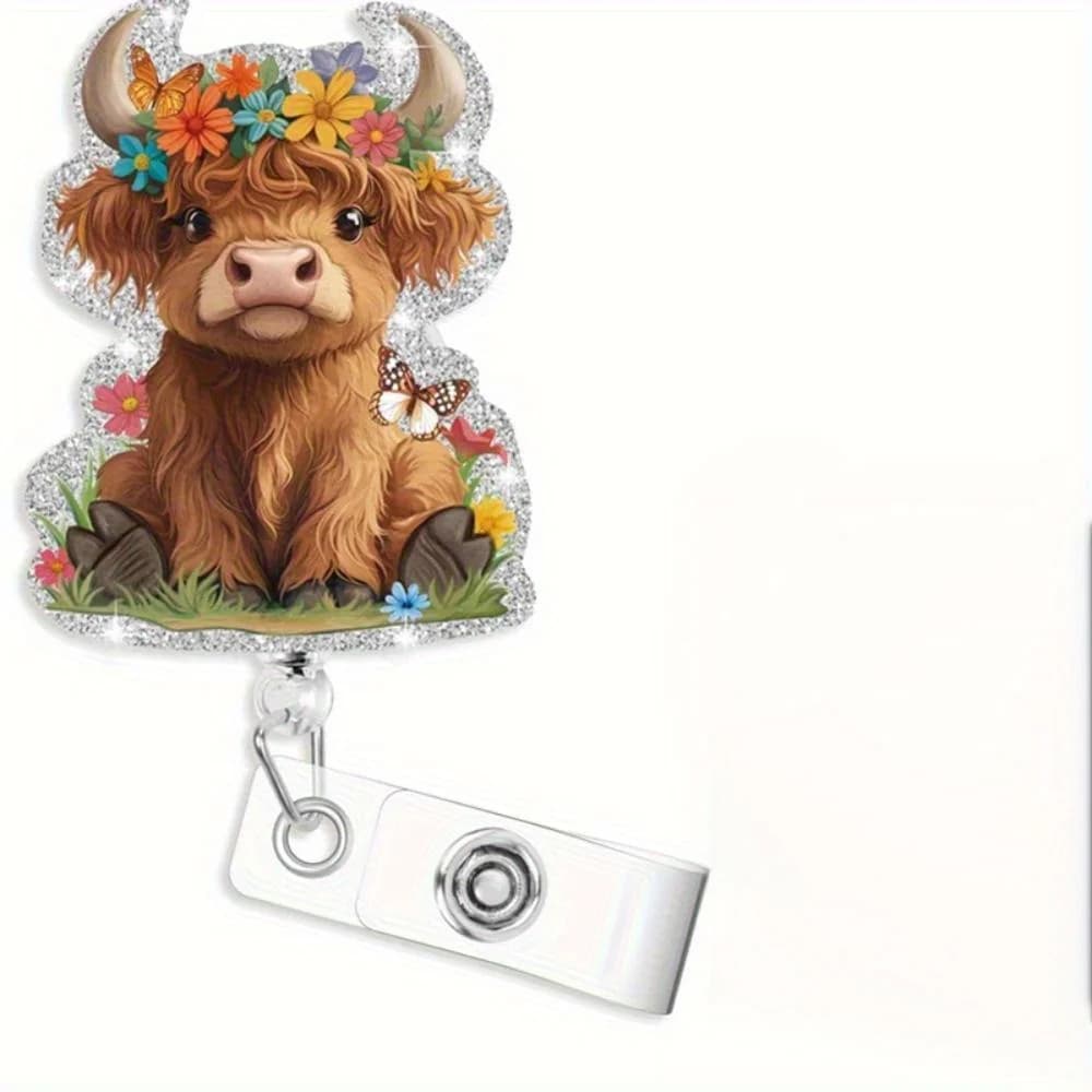 Bobina per stemma della mucca delle Highland. Graziosa clip identificativa retrattile per infermieri, medici, insegnanti e studenti.