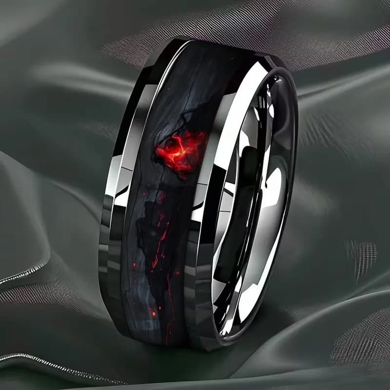 Men's Fashionable Black Flame Patterned Stainless Steel Ring Design with Unique Shimmering Red Light Texture Showcasing Mysterious Power, Polished Mirror Edge with Smooth Texture, Suitable for Daily Wear or As A Gift. The Ring Surface Is Embedded Wit