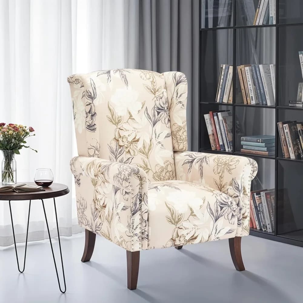 Poltrona club con schienale alto imbottito Mid-Century e gambe in legno, sedia da soggiorno