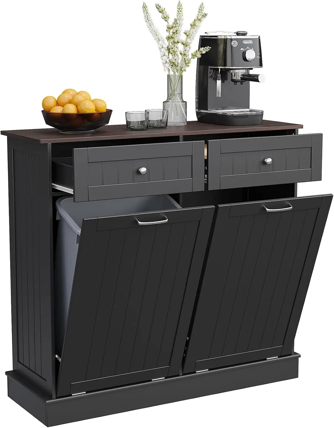 Outdoor Indoor Kitchen Double Tilt Out Trash Can Cabinet Hidden Garbage Container Recycling Bin Storage Unit Frame Holder Station With Drawers Cutting Board For Laundry Dining Room Black