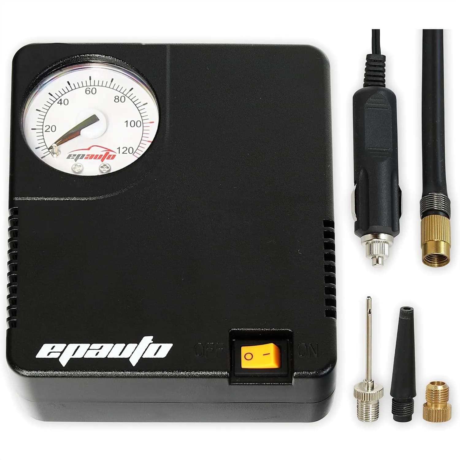 Compressore d'aria portatile 12V DC per gonfiaggio pneumatici auto, bici, SUV con adattatori, compatto e facile da riporre