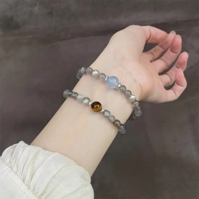 Bracciale in Cristallo Naturale, Acquamarina, Occhio di Tigre, Pietra di Luna a Doppio Strato, con Argento Sterling 925, Regalo di Gioielleria per Ragazze