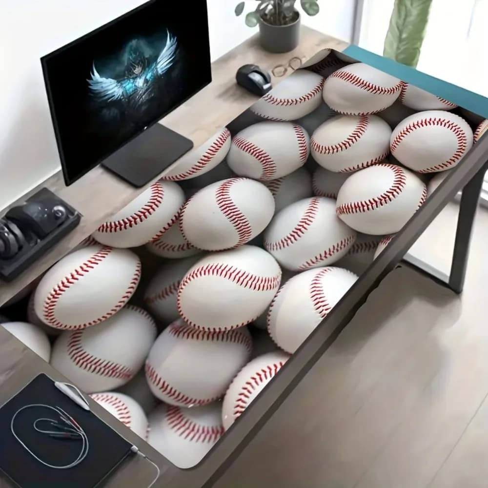 Tappetino per Mouse da Gaming XXL 3D a Tema Baseball, Tappetino da Scrivania Antiscivolo Esteso per Appassionati di Baseball, Tappetino per Tastiera con Bordi Cuciti
