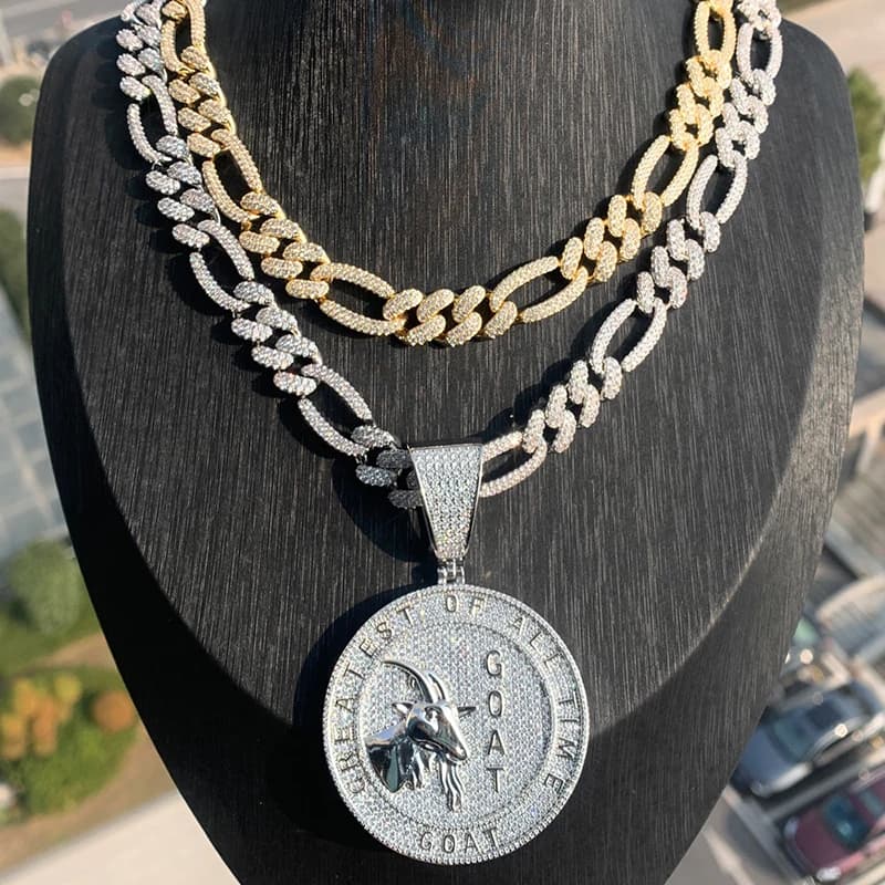 Collana con pendenti rotondi di capra Hip Hop 5A + CZ Stone Bling Ice Out per uomo Gioielli rapper Colore oro argento