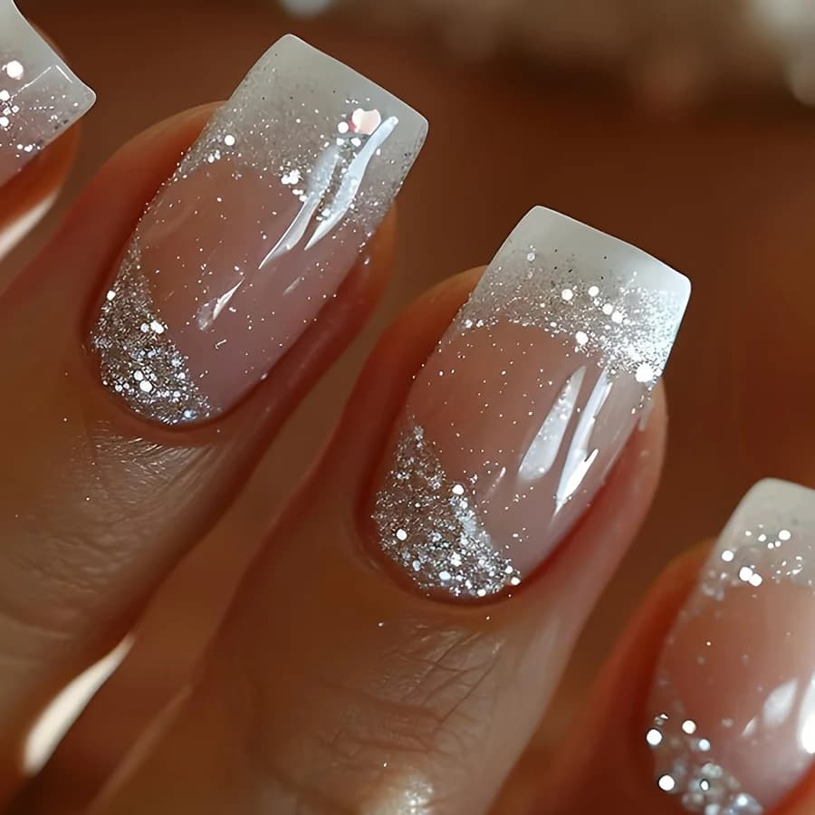 24 pieces medium long square shiny shiny white french style wearing nails, delicate and sweet fake nails, woman wedding nail art