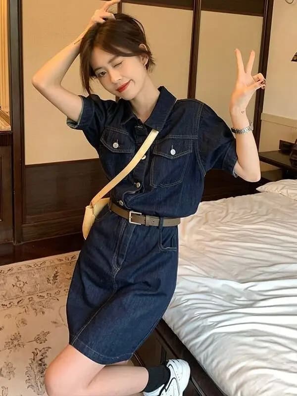 Summer Slimming Short Denim Dress Women's Shoulder Strap Shawl Casual Elegant Style plus Size Skirt for Ladies