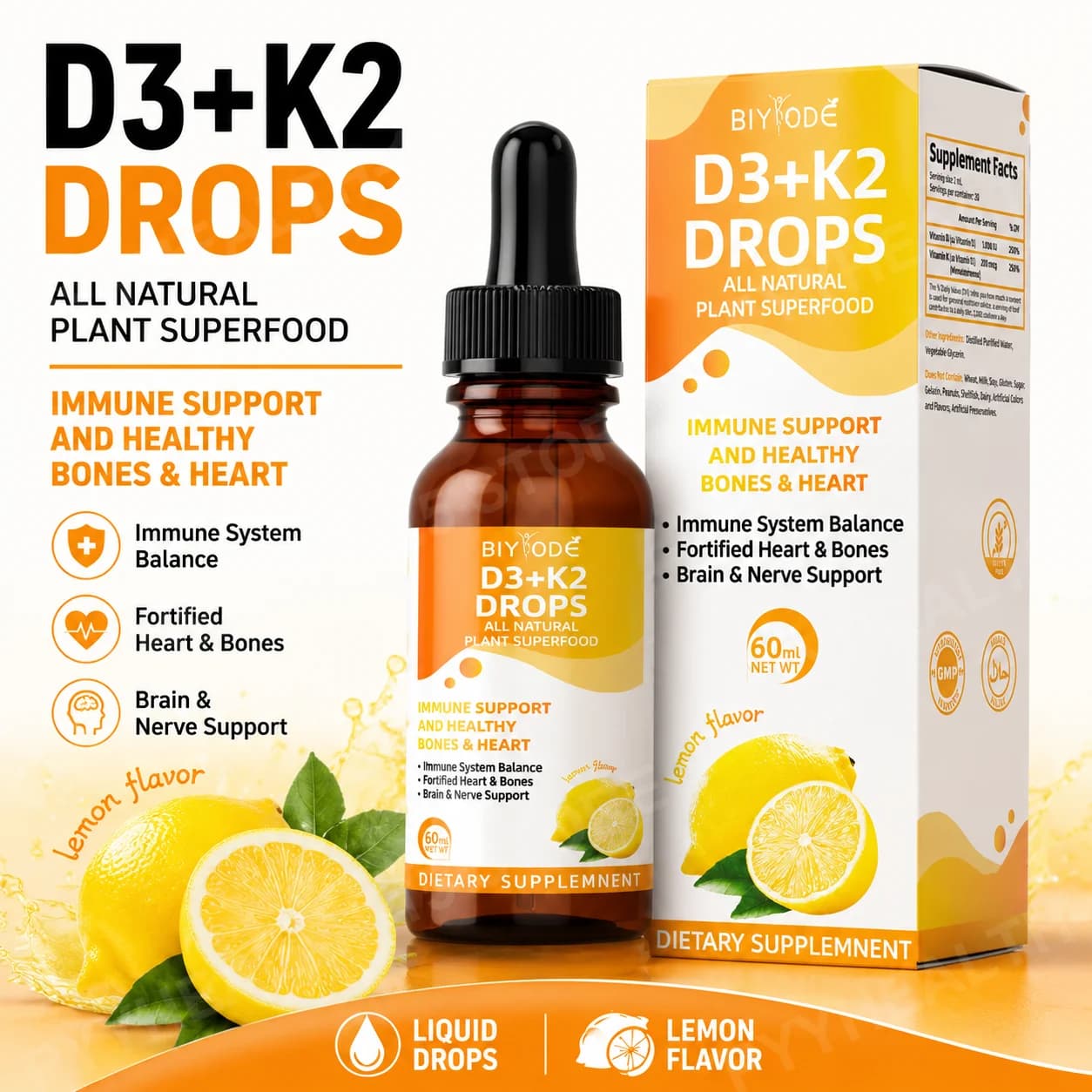 BIYODE Vitamin D3 K2 Liquid Drops, Calcium Absorption and Bone Support, 1000 IU D3 with K2, Lemon Flavor, 60 ml, 30 Servings