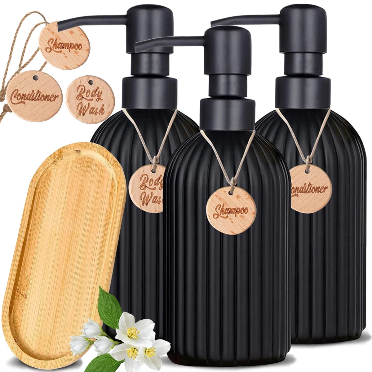Dispenser di sapone per doccia nero da 3 pezzi, shampoo e balsamo per bagno, bottiglia con pompa in acciaio inossidabile, dispenser per farmaci con etichette