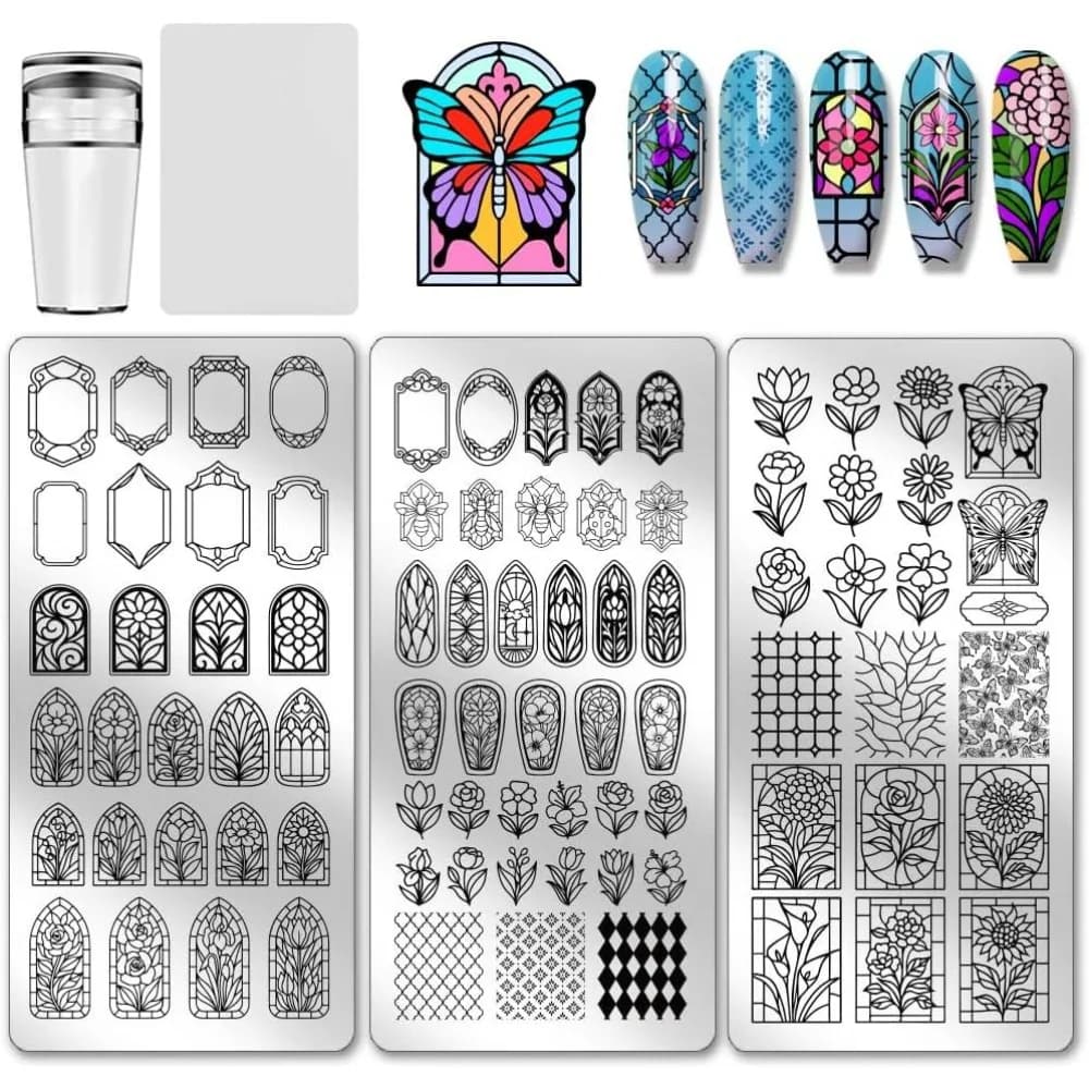 3pcs Flower Window Nail Stamping Plates Glass Nail Art Templates Tulip Rose Daisy Manicure Art Stencils Butterfly Nails Image