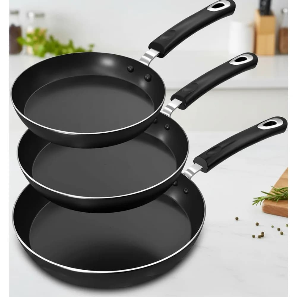Set of 3-piece non-stick frying pans, induction compatible pans with bachelite handles, without PFOA for domestic chefs