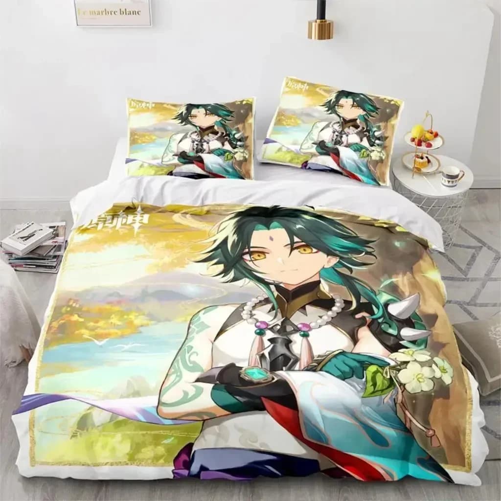 Set di Biancheria da Letto 3D Anime Genshin Impact Xiao SUCROSE Qiqi, Copripiumino Stampato con Federe, Set Completo per Letto Matrimoniale, Queen o King Size