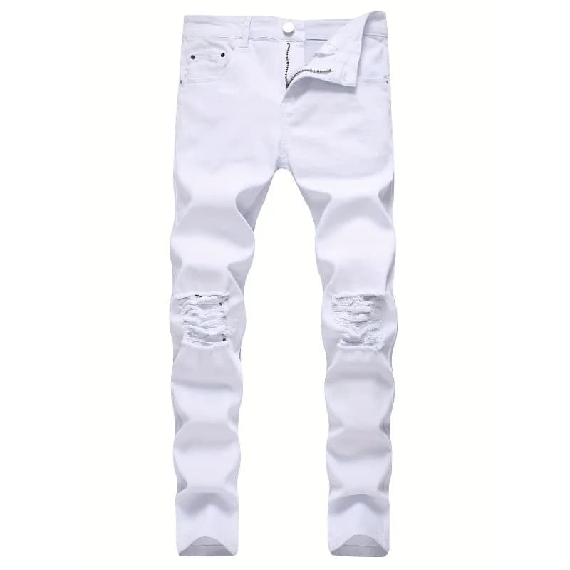 Skinny Stretch Ripped Jeans Men's Distressed Kpop Slim Fit Denim Pants American Street Style Rock Hip Hop White Black Trousers