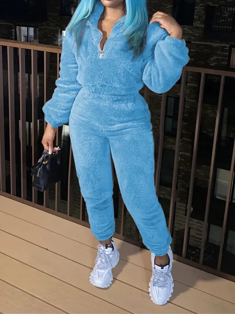 Winter New Plush Two Piece Set Casual Home Warm Suit for Women Fashion Zipper Lapel Pullover Top Elastic Waist Trousers Suit