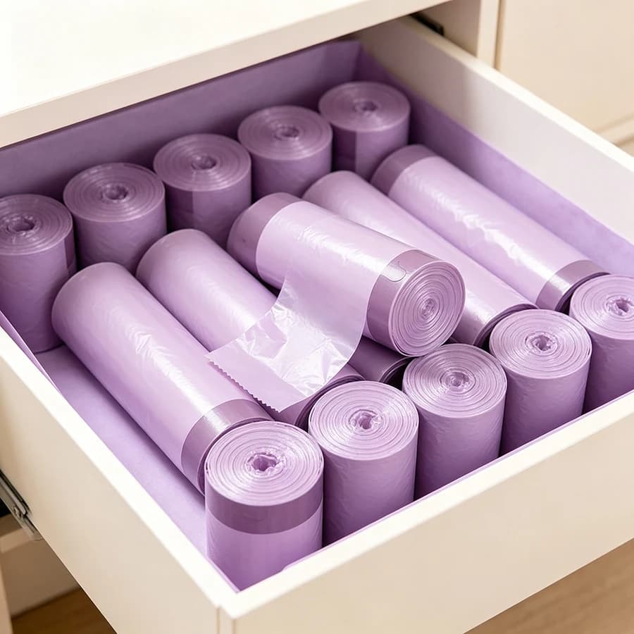 1Roll(100pcs) Purple Drawstring Trash Bags Thick Heavy Duty Garbage Bags, Leak Proof Bin Liners for Kitchen Bathroom Household